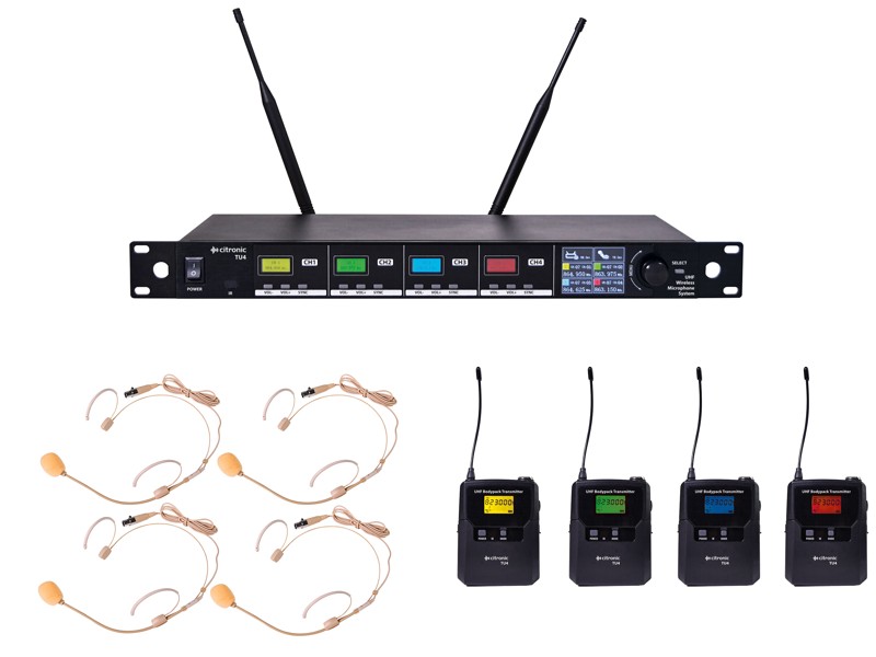 Bezdrôtový mikrofónny set 4x náhlavný mikrofón Bezdrôtový mikrofónny set 4x náhlavný mikrofón
