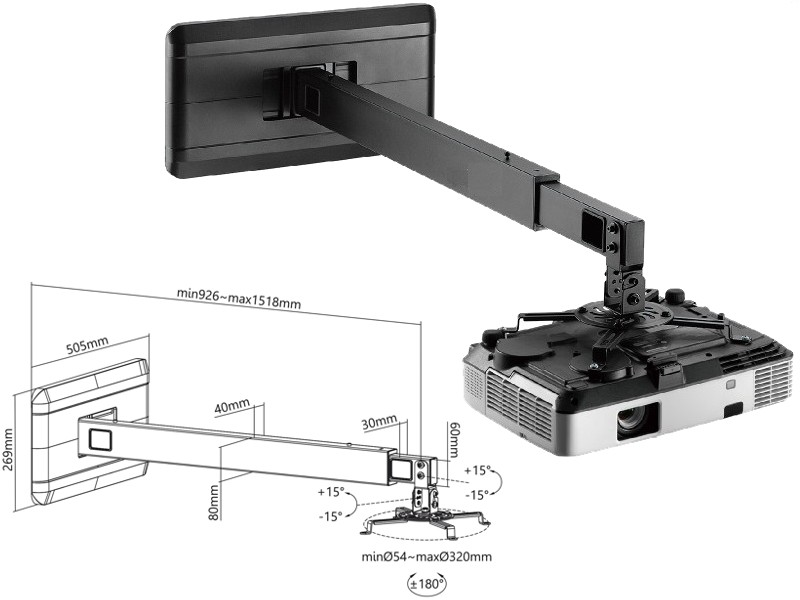 Nástenný držiak projektora 93-152cm, čierny Nástenný držiak projektora 93-152cm, čierny